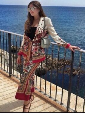 Zara Cream Multicolor Floral Wide-Leg Pants & Matching Jacket Set